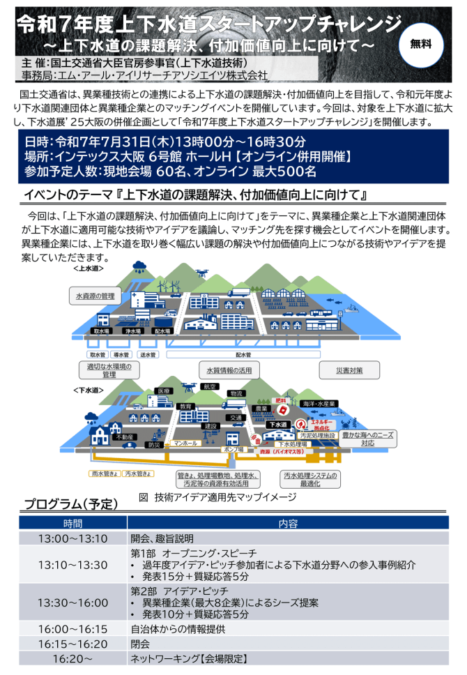 【7/31】令和7年度上下水道スタートアップチャレンジ～上下水道の課題解決、付加価値向上に向けて～聴講者募集（会場またはオンライン）